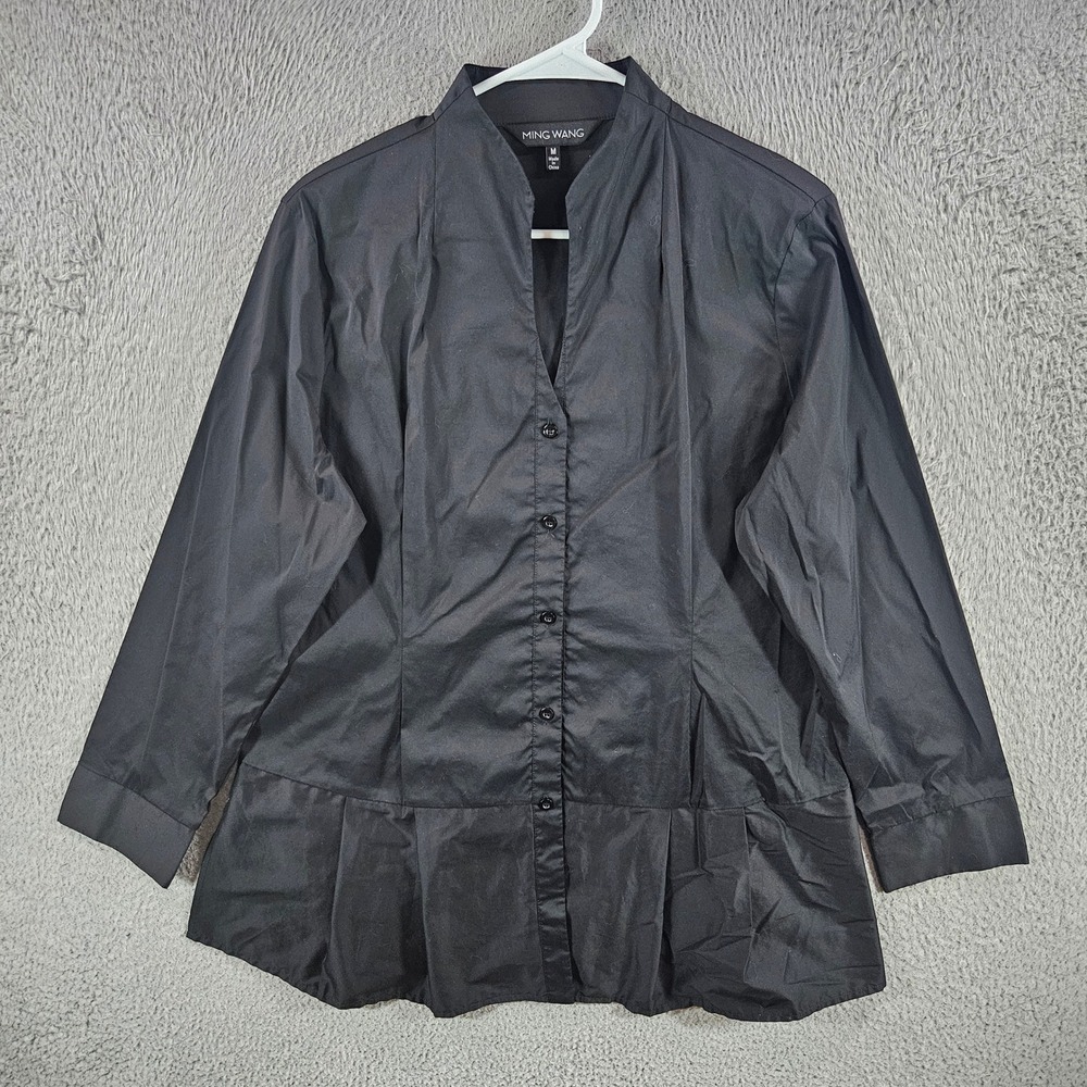 Ming Wang Womens Black Pleated Peplum Button Front Shirt Mandarin Collar Size M